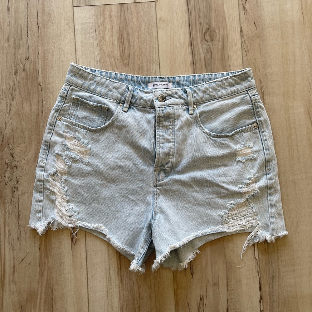 Good American High Waist Denim Distressed Shorts